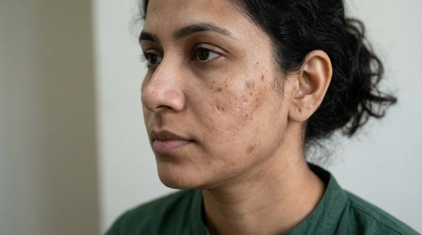 Skin with deep pigmentation and acne marks — before treatment