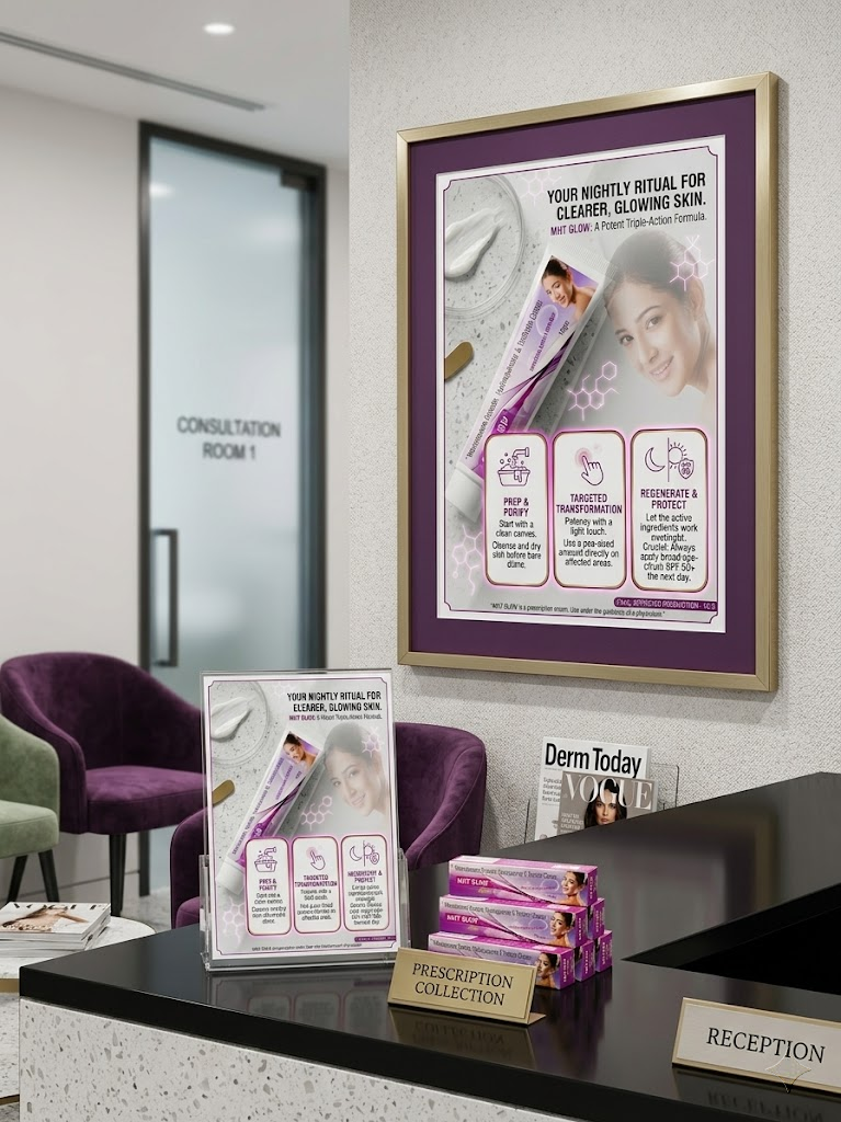 Skin clinic reception showing MHT Glow results